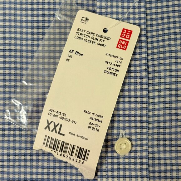 Uniqlo Easy Care Checked Stretch Slim Fit Long Sleeve Shirt Mens XXL Blue NWT - Picture 4 of 10